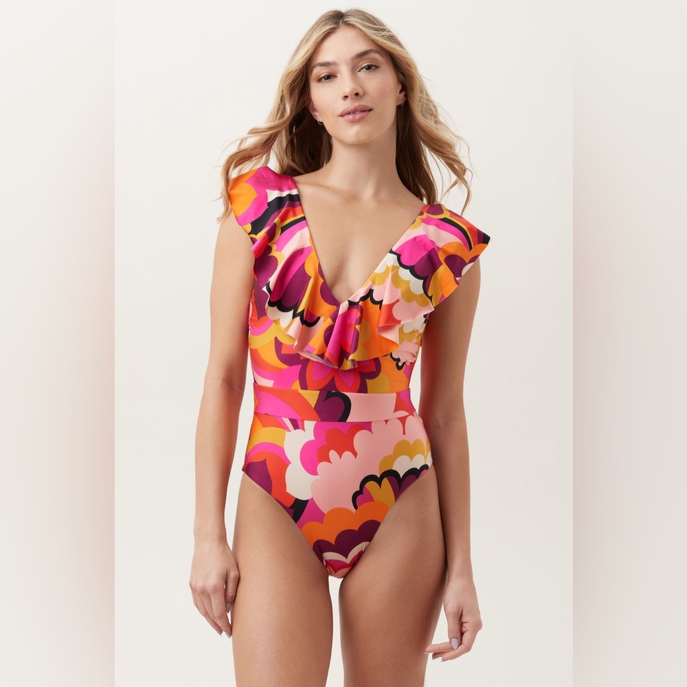 Trina Turk Women’s Fan Faire Ruffle Plunge One Piece Swimsuit Size 10